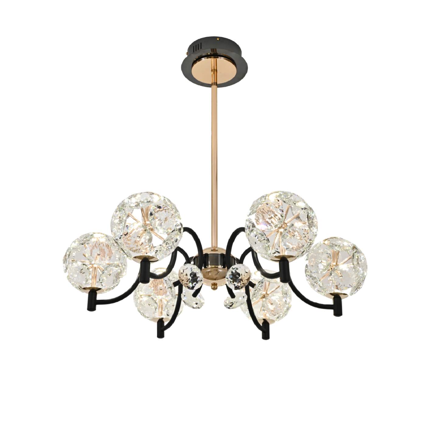 Candelabru LED negru cu detalii aurii si 6 globuri din sticla, iluminare eleganta in dormitor modern cu tonuri calde