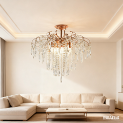 Candelabru rotund auriu cu 9 becuri E27 si cristale K9 tip cascada, iluminare spectaculoasa pentru living spatios