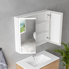 Dulap baie 80x70 cm cu oglinda LED 6000K si dezaburire, cu rafturi din sticla securizata pentru depozitare moderna.