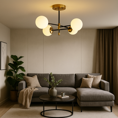 Lustra 8316/4 cu 4 globuri opal si socluri E27, ideal a pentru livinguri moderne care necesita iluminare calda si uniforma