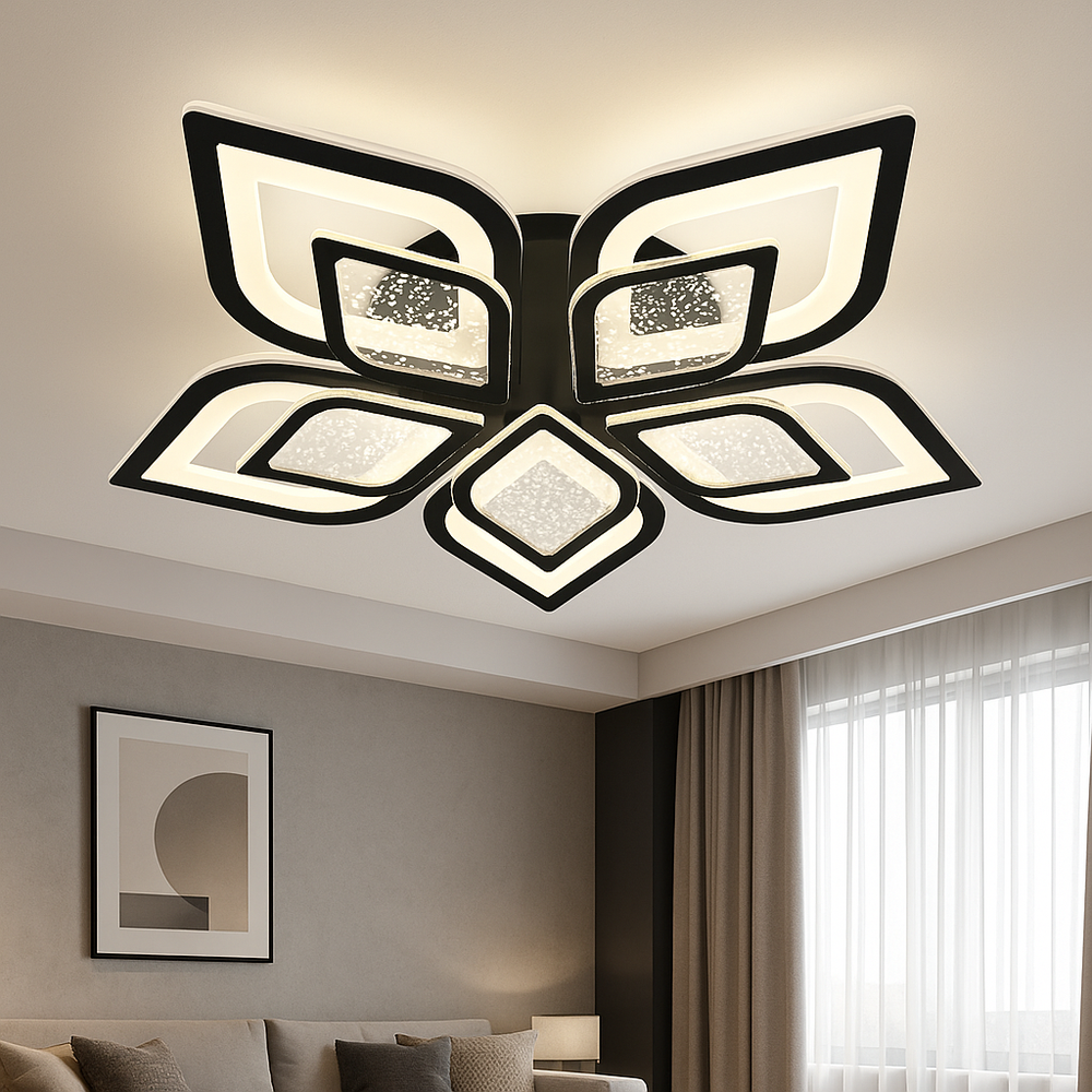 Lustra LED 19185/5 rotunda cu telecomanda, lumina reglabila 3000–6500K, montata in living modern cu iluminare puternica.