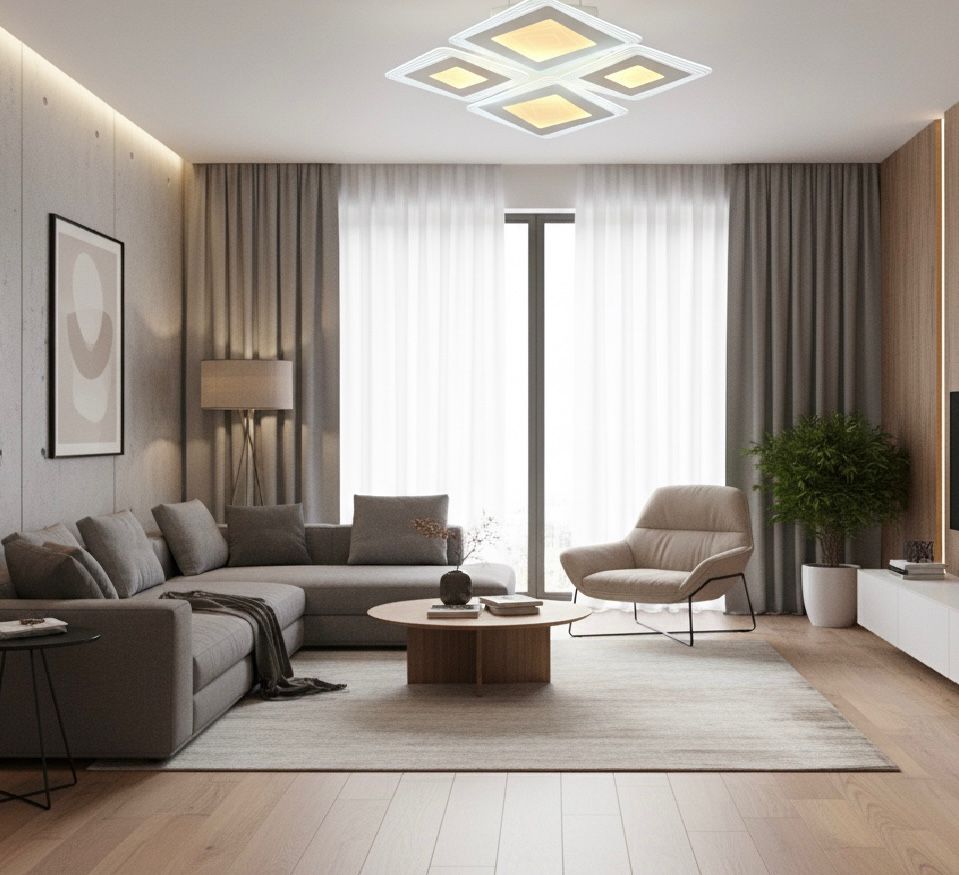 Lustra LED 19265-2+2 200W cu design dreptunghiular si iluminare puternica, montata in living modern pentru lumina intensa si uniforma.