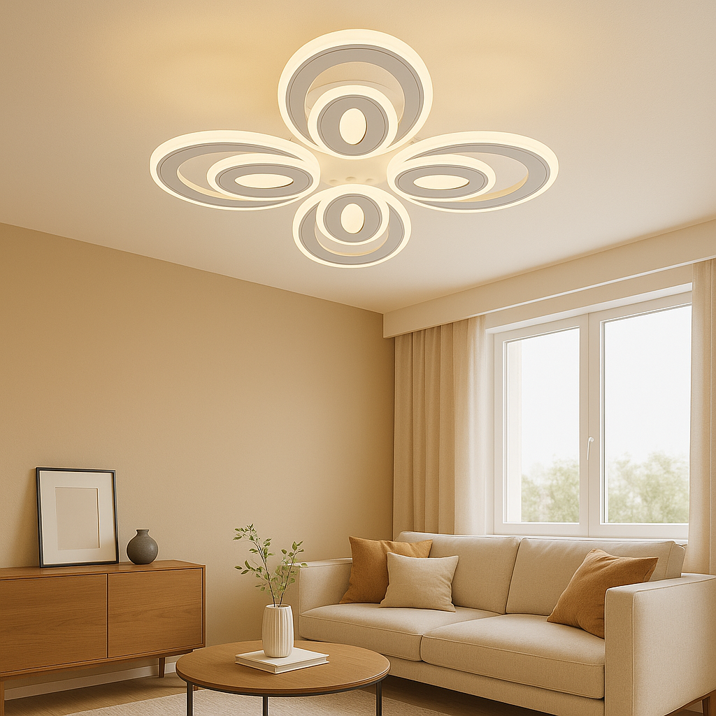 Lustra LED 19460/4+4WH+CR 80W cu lumina reglabila 3000–6500K si telecomanda, ideala pentru livinguri moderne ce necesita iluminare uniforma si finisaj alb-crom.