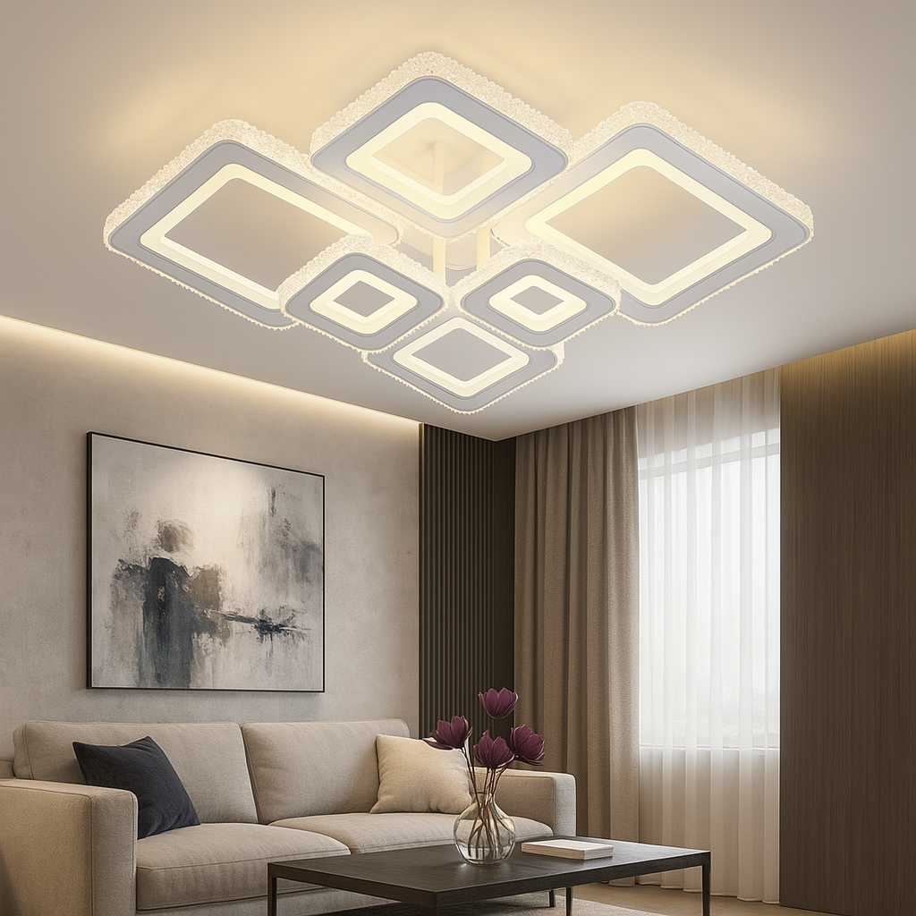 Lustra LED 26033/2+2+2C WH+CR 240W cu lumina 3000–6500K in 3 trepte si telecomanda, ideala pentru livinguri moderne ce necesita iluminare eficienta si design rectangular.