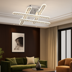 Lustra LED geometrica 200W cu efecte RGB si lumina reglabila 3500K-6500K cu telecomanda, montata in living modern pentru iluminare dinamica si eleganta