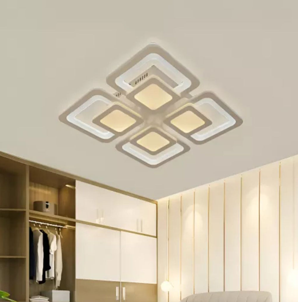 Lustra LED alba 8022/4WH 104W cu forme geometrice si lumina ajustabila, perfecta pentru dormitor modern si iluminare confortabila