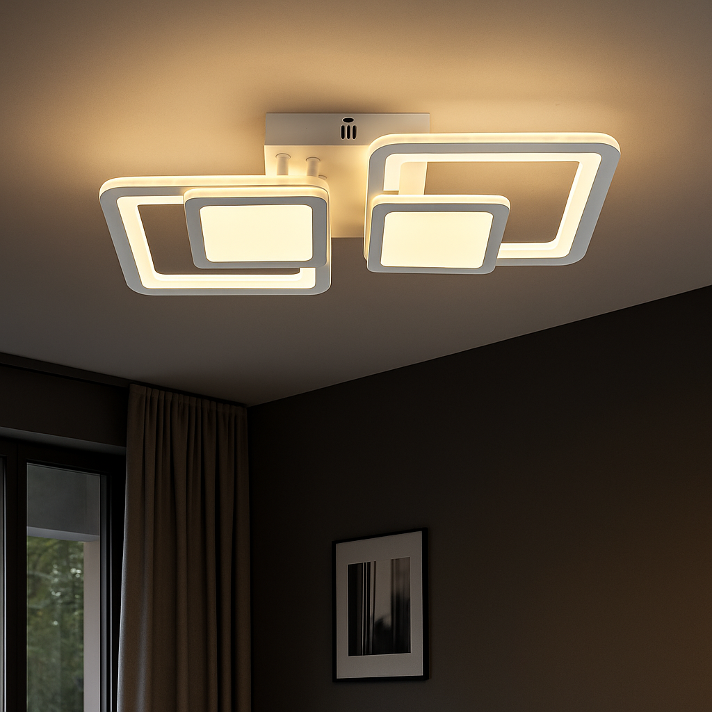 Lustra LED rectangulara 80W cu finisaj modern si lumina ajustabila 3000K-6500K, perfectă pentru dormitor cu iluminare confortabila
