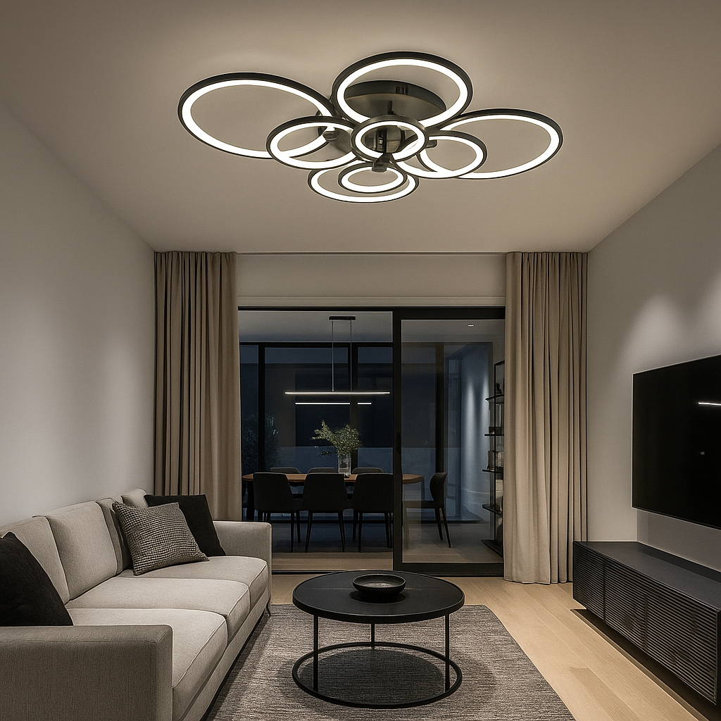 Lustra LED 8067/4+4 negru 300W cu 8 inele moderne lumina reglabila 3000K-6500K cu telecomanda