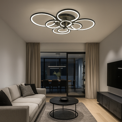 Lustra LED 8067/4+4 negru 300W cu 8 inele moderne lumina reglabila 3000K-6500K cu telecomanda