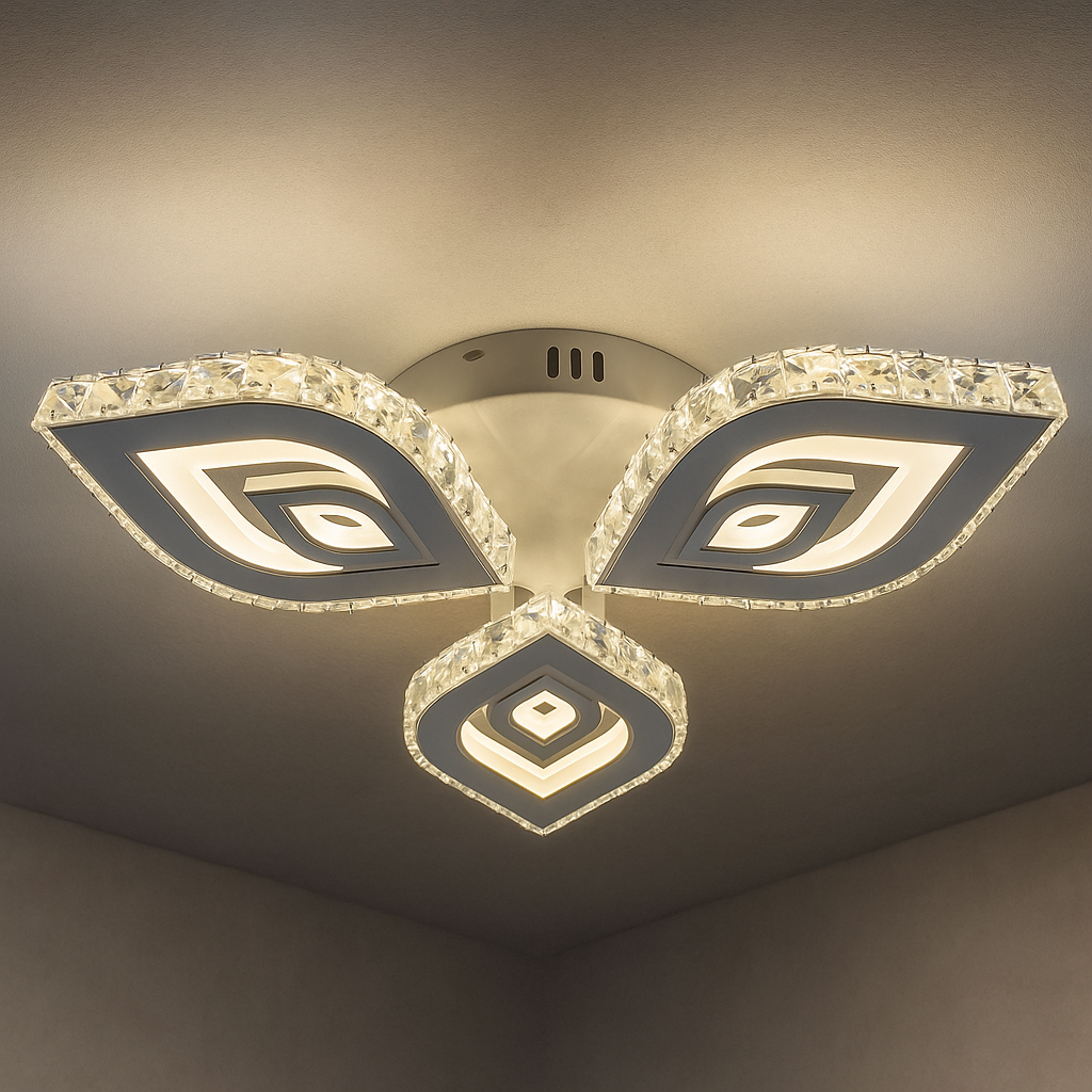 Lustra LED rotunda 84W cu margini cristaline si lumina reglabila 3000K-6500K cu telecomanda, montata in living modern pentru iluminare eleganta si stralucitoare