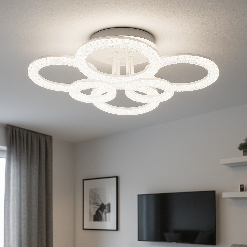 Lustra LED geometrica 168W cu accente transparente si lumina reglabila 3000K-6500K cu telecomanda, montata in living modern pentru iluminare puternica si eleganta