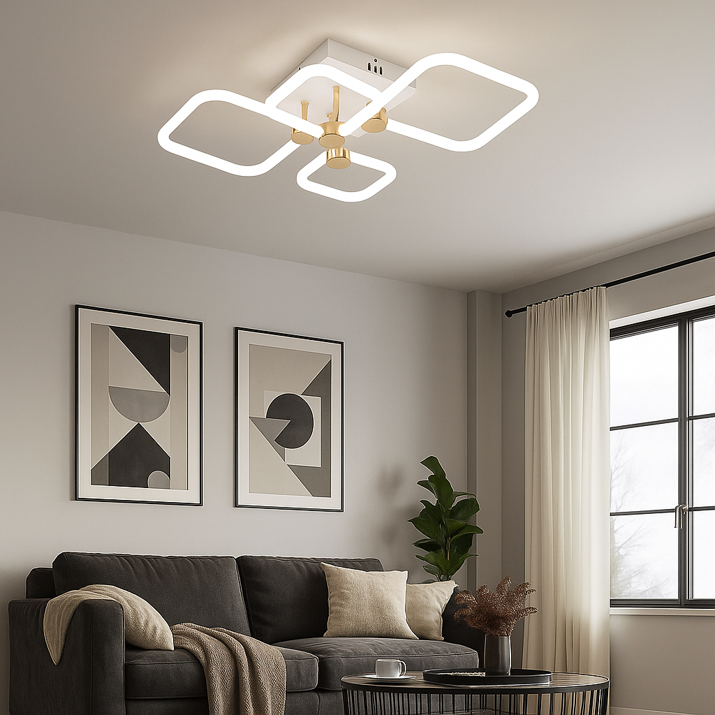 Lustra LED 26077/2+2FGD+WH 72W cu lumina reglabila 3000–6500K, ideala pentru living modern, oferind iluminare uniforma si control prin telecomanda.
