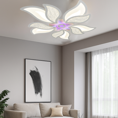 Lustra LED 19252/5+5+1WH 238W cu lumina reglabila 3000–6500K si telecomanda, instalata intr-un living modern pentru iluminare eficienta si confort.