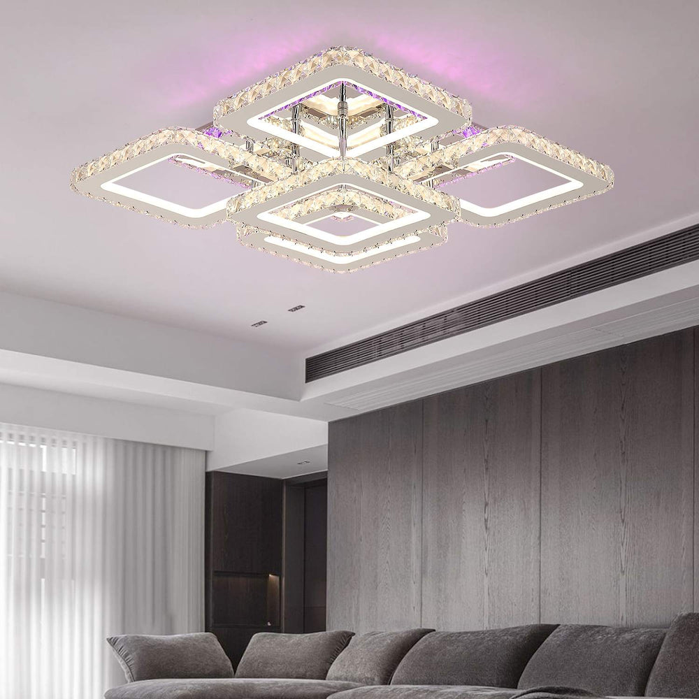 Lustra LED geometrica 200W cu efect Halo, flux 9350 lm si lumina reglabila 3500K-6500K cu telecomanda, montata in living modern pentru iluminare puternica