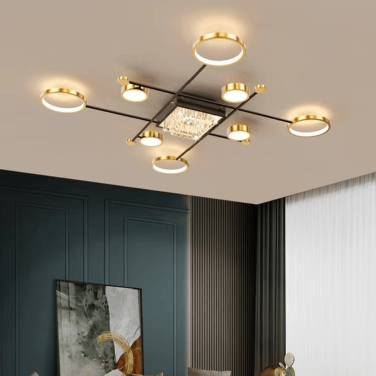 Lustra LED moderna 168W cu 9 brate si lumina reglabila 3000K-6500K cu telecomanda, montata in living mare pentru iluminare puternica si eleganta