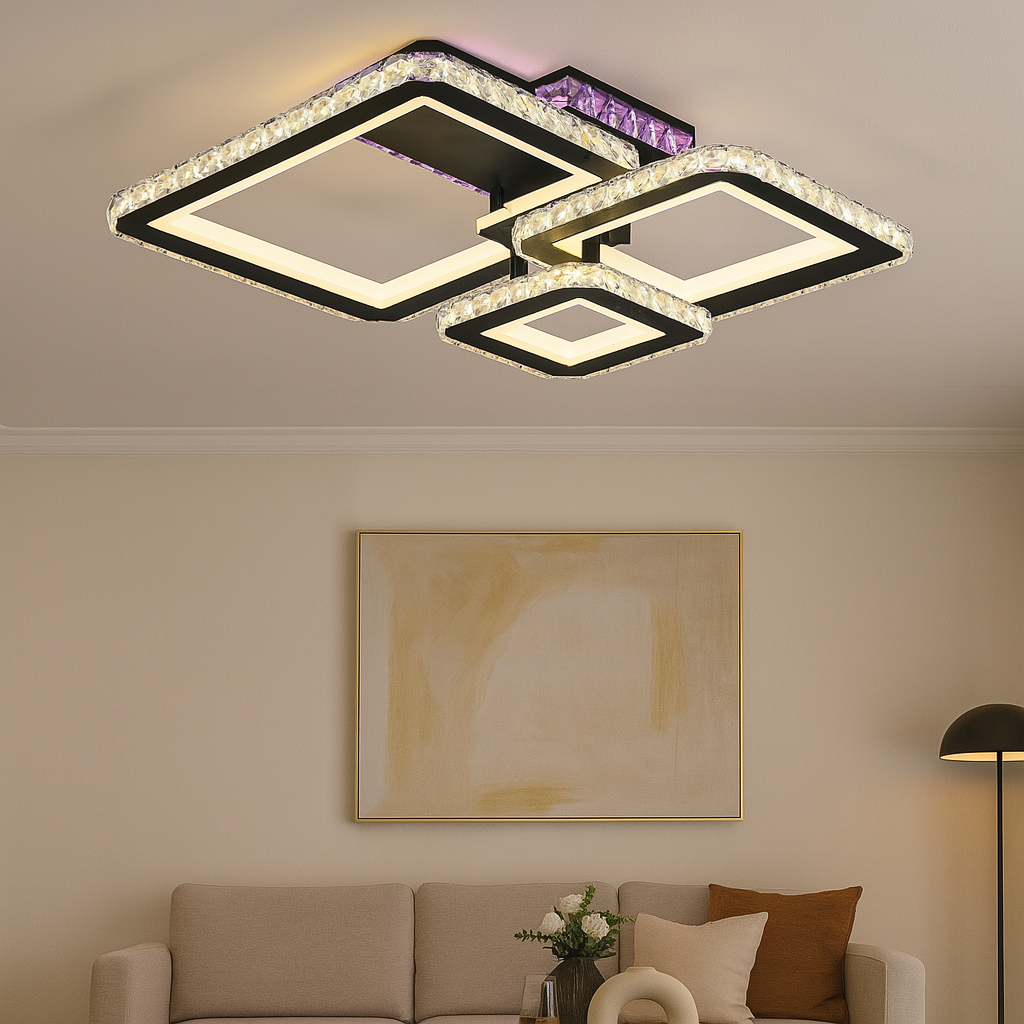 Lustra LED patrata 96W BK+CR cu lumina reglabila 3000K-6500K si telecomanda, ideala pentru living modern cu iluminare eleganta si uniforma