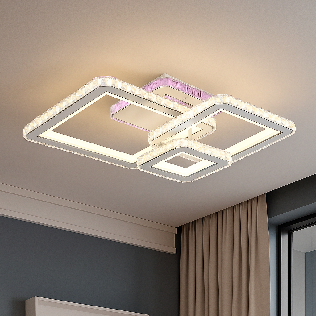 Lustra LED 134W WH+CR cu 3 patrate si lumina reglabila 3000K-6500K cu telecomanda, montata in living modern pentru iluminare eleganta si uniforma