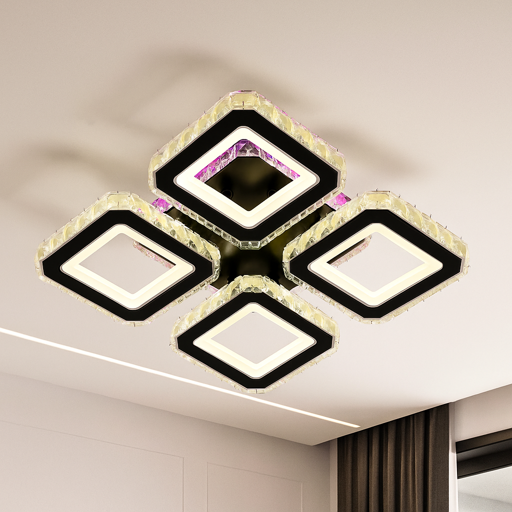 Lustra LED patrata 134W BK+CR cu 4 patrate si lumina reglabila 3000K-6500K cu telecomanda, ideala pentru living modern cu iluminare eleganta