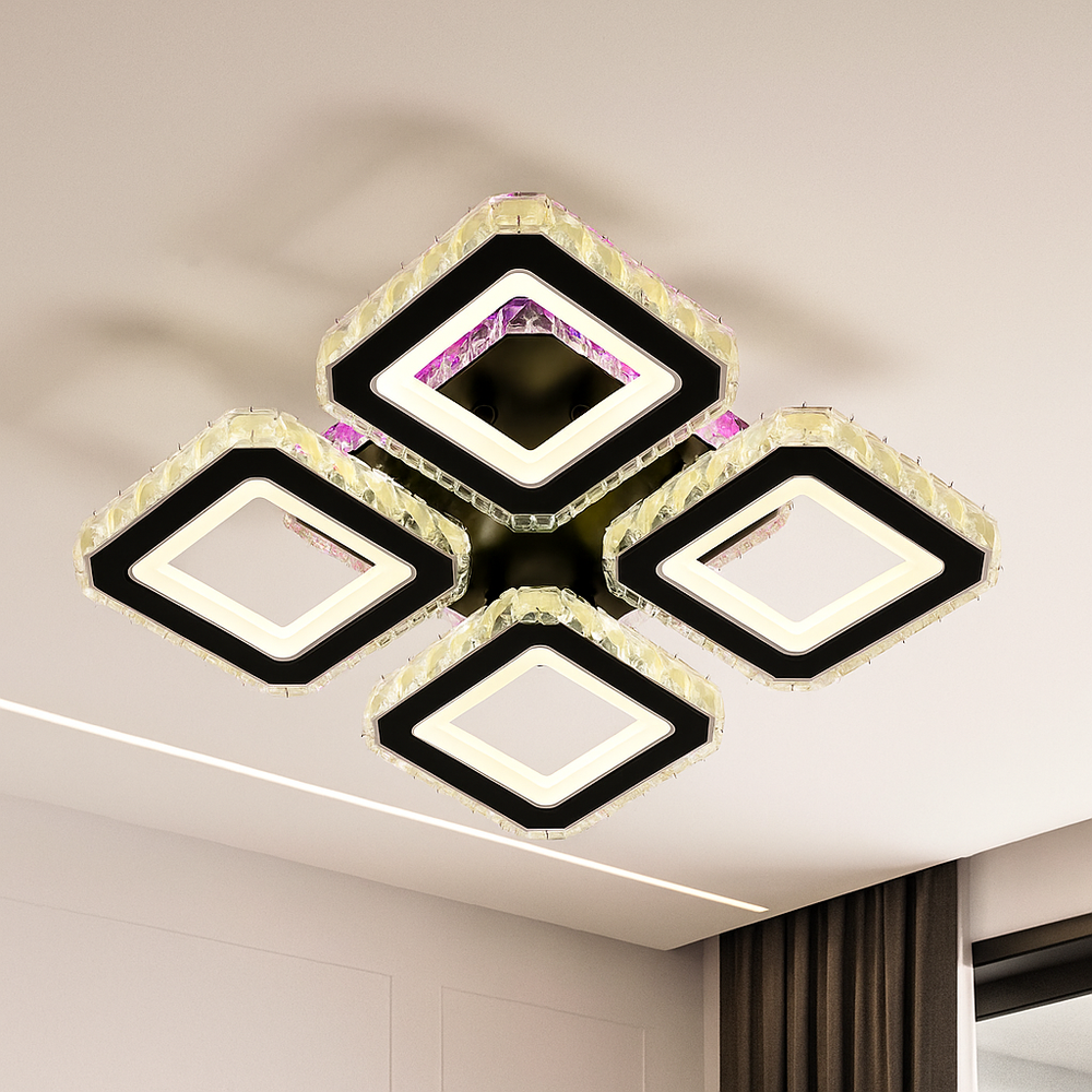 Lustra LED patrata 134W BK+CR cu 4 patrate si lumina reglabila 3000K-6500K cu telecomanda, ideala pentru living modern cu iluminare eleganta