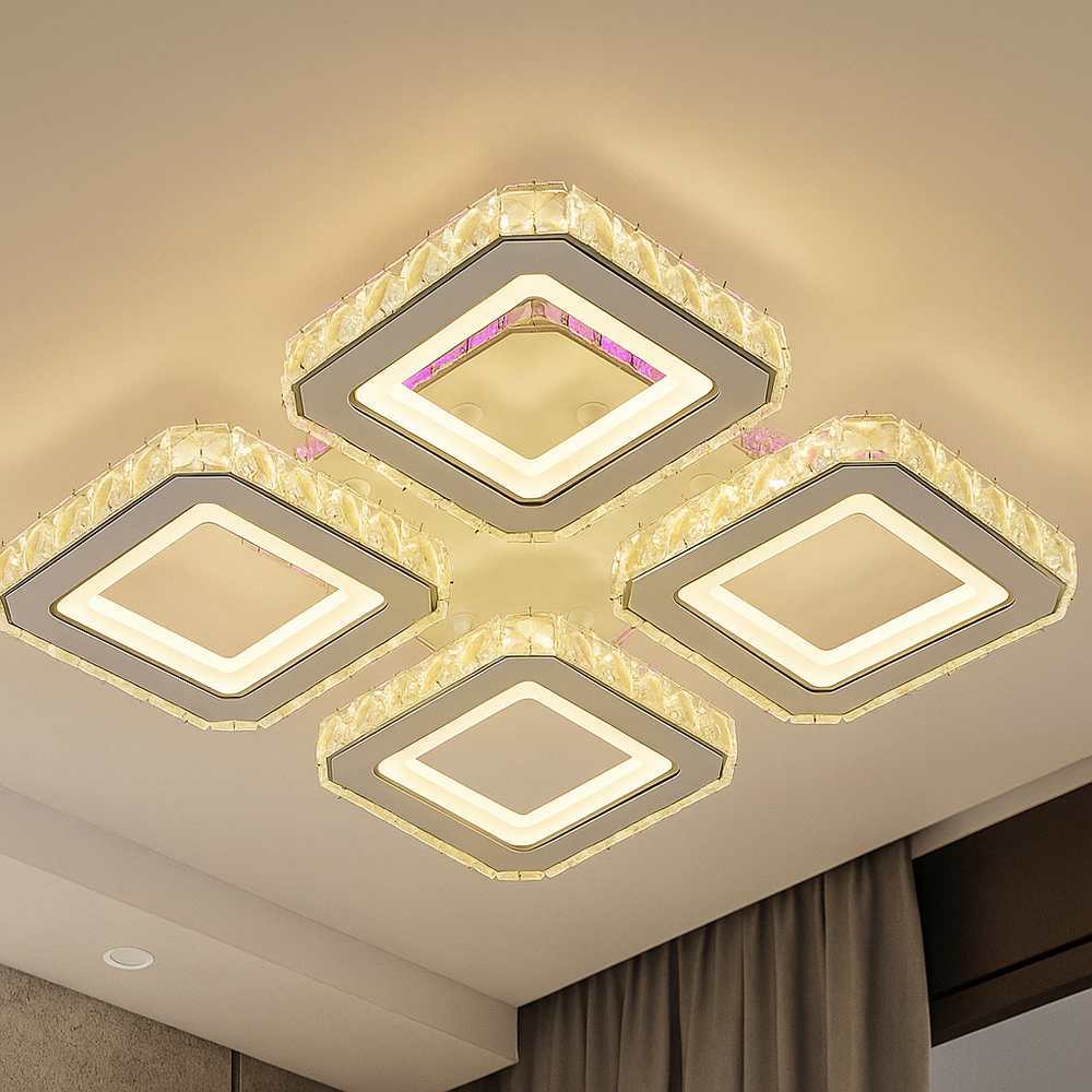 Lustra LED patrata 134W WH+CR cu 4 patrate si lumina reglabila 3000K-6500K cu telecomanda, ideala pentru living modern cu iluminare eleganta