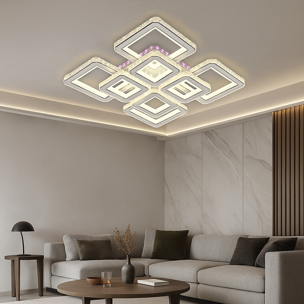 Lustra LED patrata 352W WH+CR cu patrate suprapuse si lumina reglabila 3000K-6500K cu telecomanda, ideala pentru living modern cu iluminare puternica