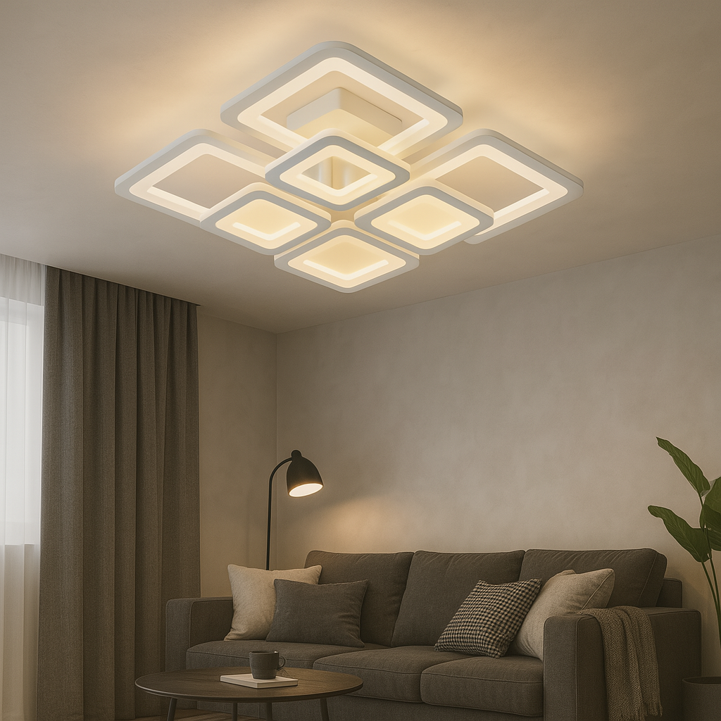 Lustra LED 8022/4WH alb 104W cu design geometric si lumina reglabila 3000K-6500K, ideala pentru living modern cu iluminare uniforma