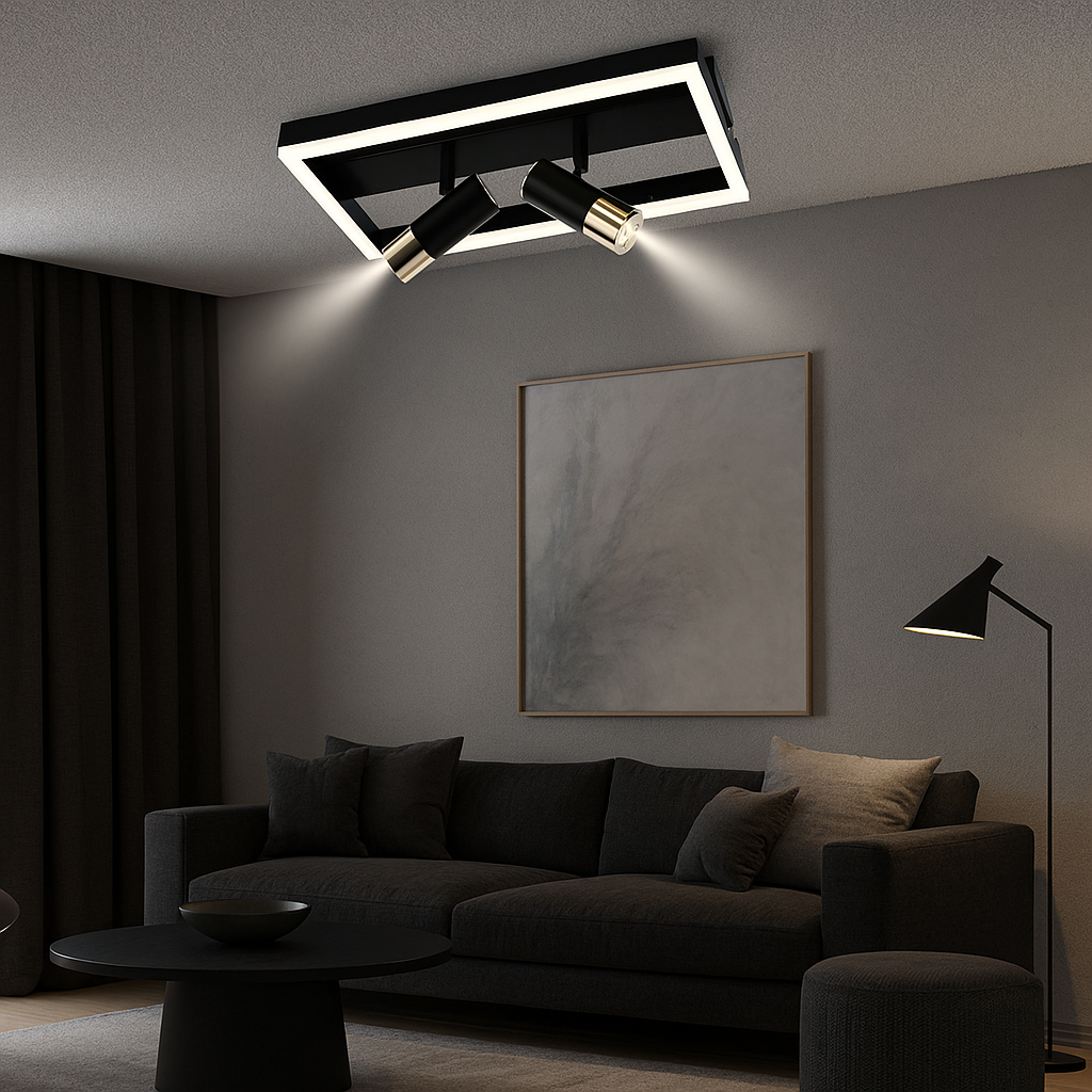 Lustra LED 9347/3BK+FG 62W negru auriu, ideal a pentru living modern cu lumin a reglabila si design compact cu 3 cercuri elegante