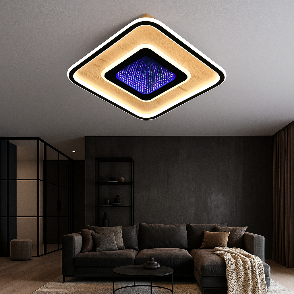 Lustra LED 9426/400 BK+WOOD GRAIN cu design patrat si finisaj lemn natural cu telecomanda