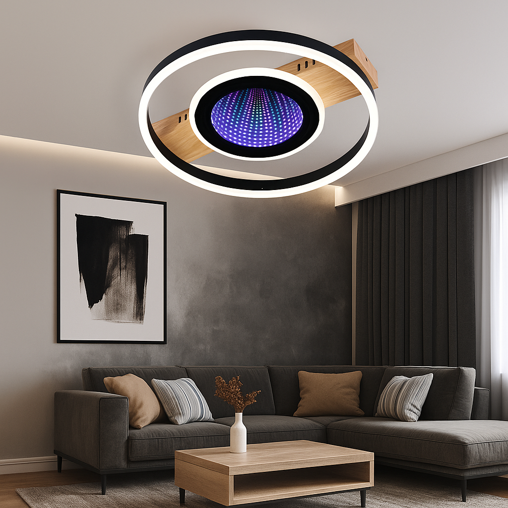 Lustra LED 9427/400 BK+WOOD GRAIN rotunda cu finisaj lemn si efect RGB cu telecomanda