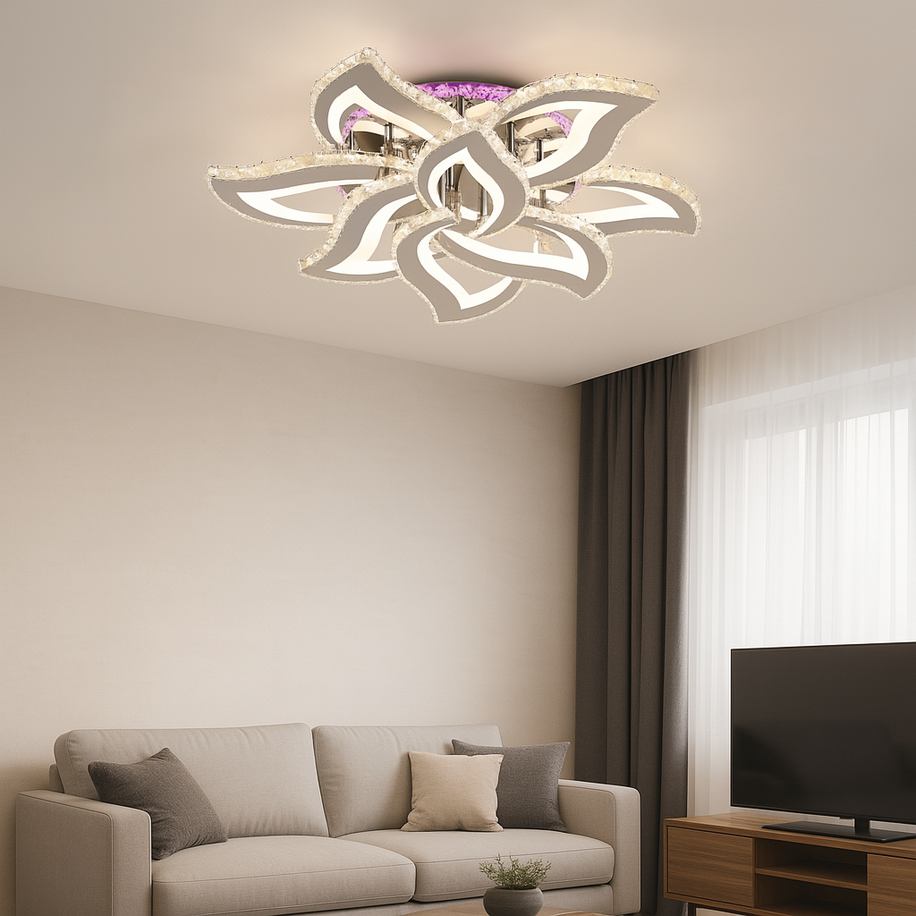 Lustra LED rotunda 258W cu efecte RGB si lumina reglabila 3500K-6500K cu telecomanda, montata in living modern pentru iluminare puternica si dinamica