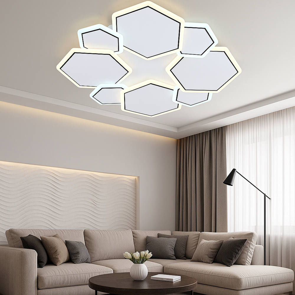 Lustra LED 26091/4+4WH+BK 112W cu lumina reglabila, ideala pentru living modern, oferind iluminare eficienta si telecomanda pentru control rapid.
