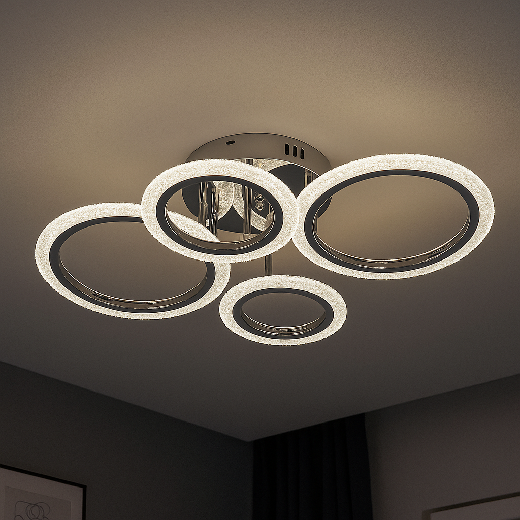 Lustra LED 26056/2+2CR 72W cu telecomanda si lumina reglabila 3000–6500K, potrivita pentru livinguri moderne ce necesita iluminare eficienta si finisaj cromat.