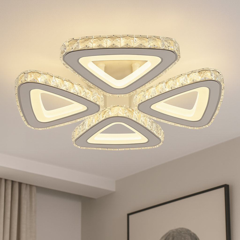 Lustra LED rotunda 104W cu lumina reglabila 3000K-6500K si telecomanda, montata in living modern pentru iluminare puternica, uniforma si eleganta