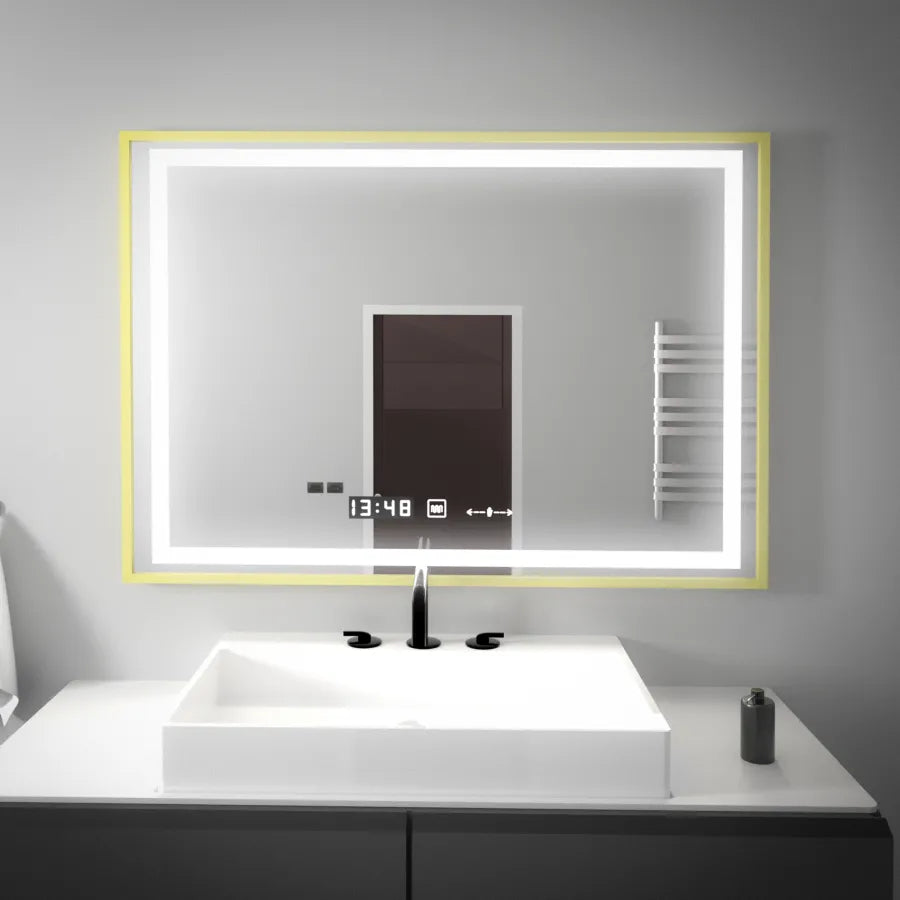 Oglinda smart 100x80 cm cu LED, dezaburire, control tactil, ceas digital si afisaj temperatura, ideala pentru bai moderne.
