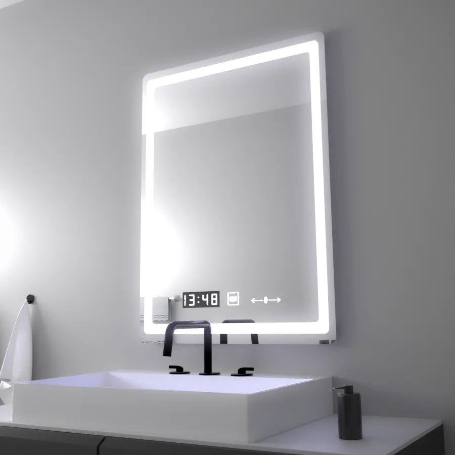 Oglinda LED 60x80 cm cu dezaburire, ceas, termometru si control tactil, ideala pentru bai moderne.
