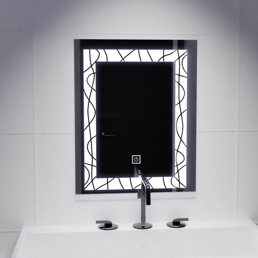 Oglinda LED 60x80 cm cu touch, design modern si iluminare eficienta, ideala pentru bai si dormitoare contemporane.
